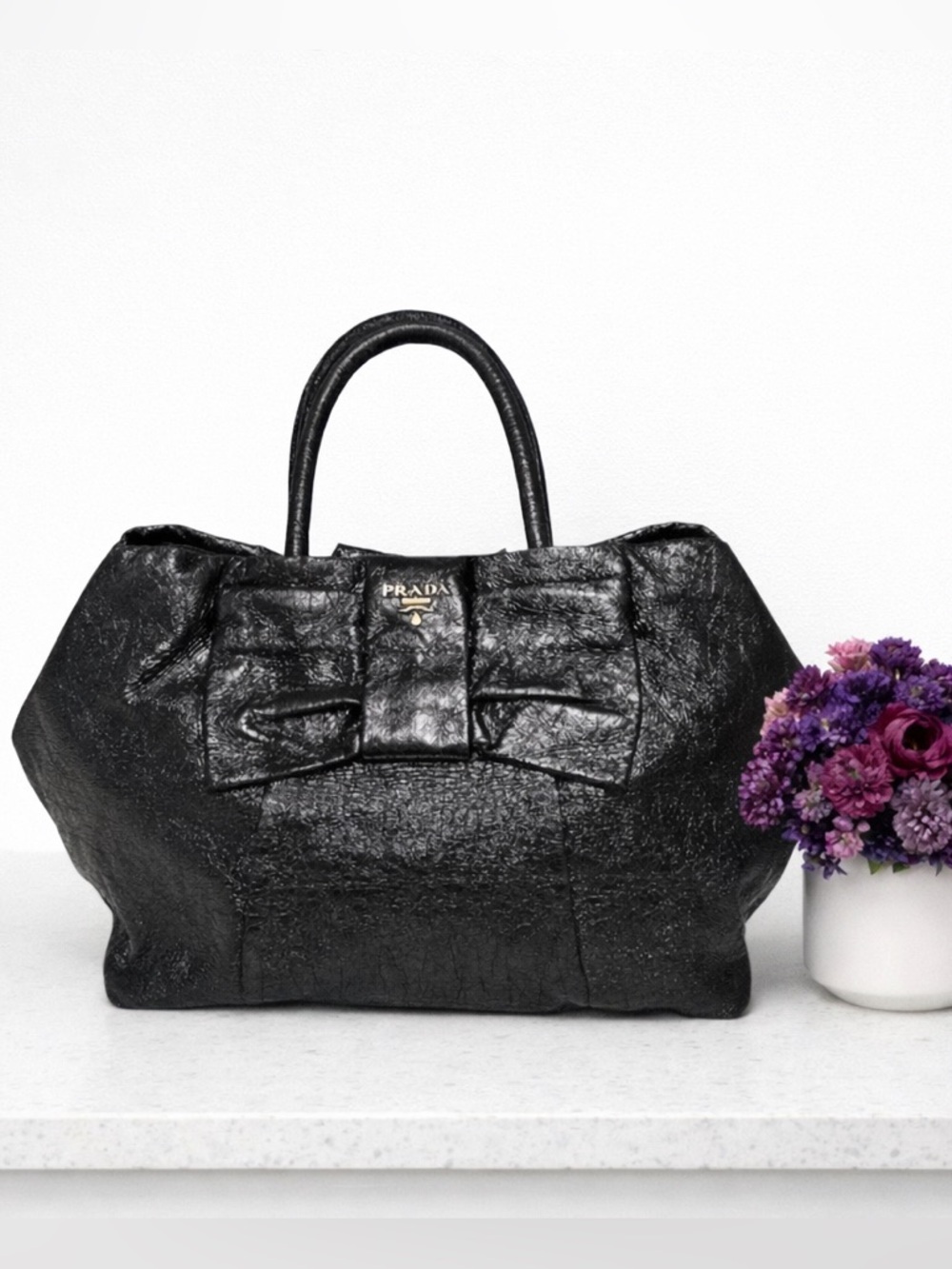 PRADA Ribbon Handbag Tote Black Patent with COA & Dust Bag VTG Medium 9x11x6 - Picture 1 of 17